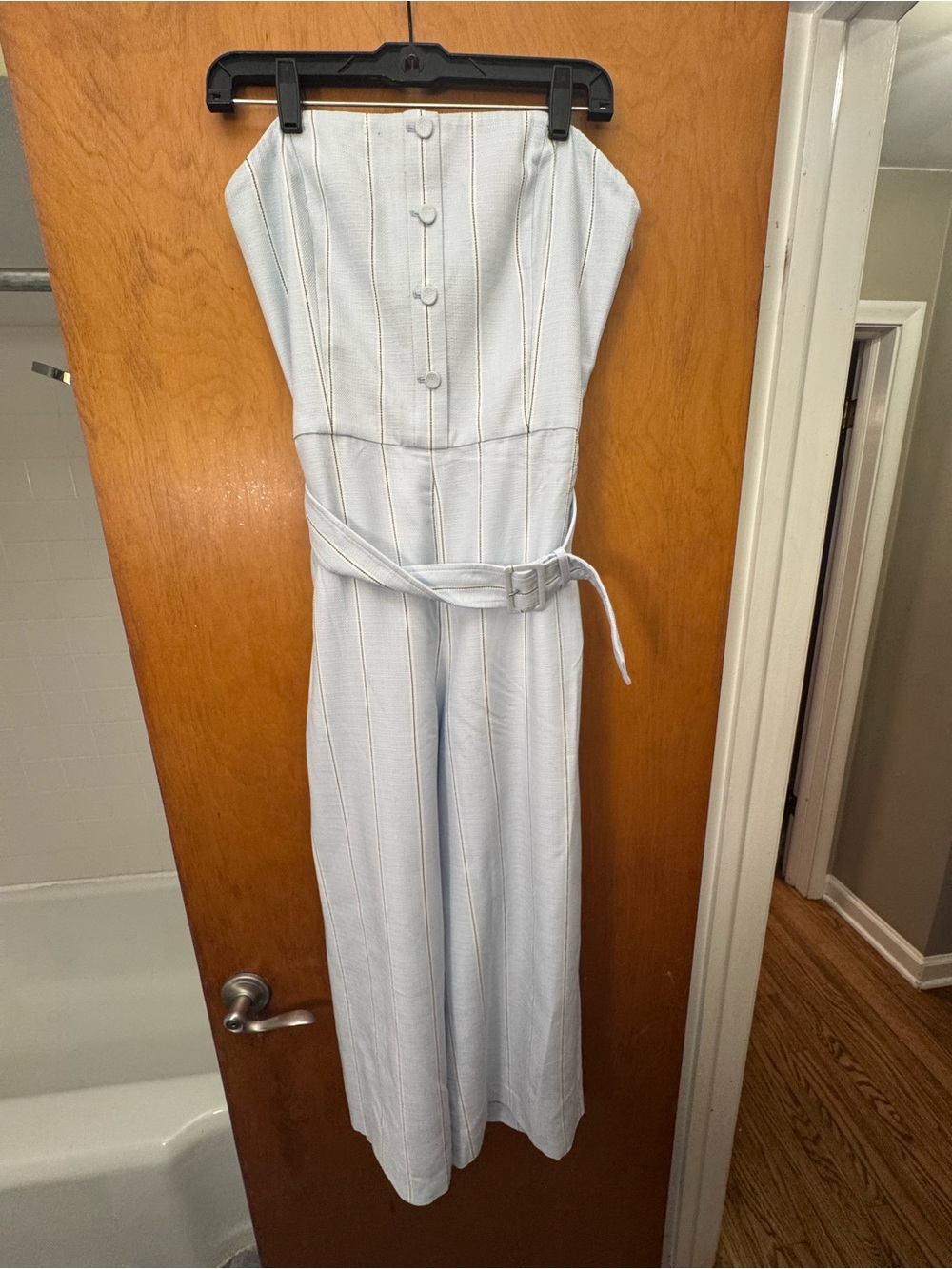 Club Monaco Strapless Light Blue Pinstripe Jumpsuit with Belt